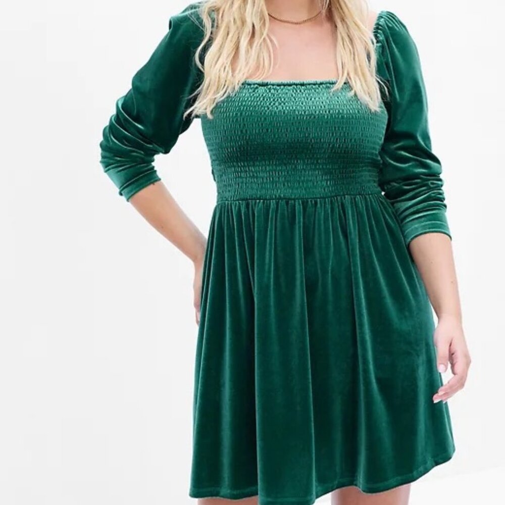 GAP Pine Green Velvet Smocked Square Neck Puff Shoulder Holidays Dress Size M